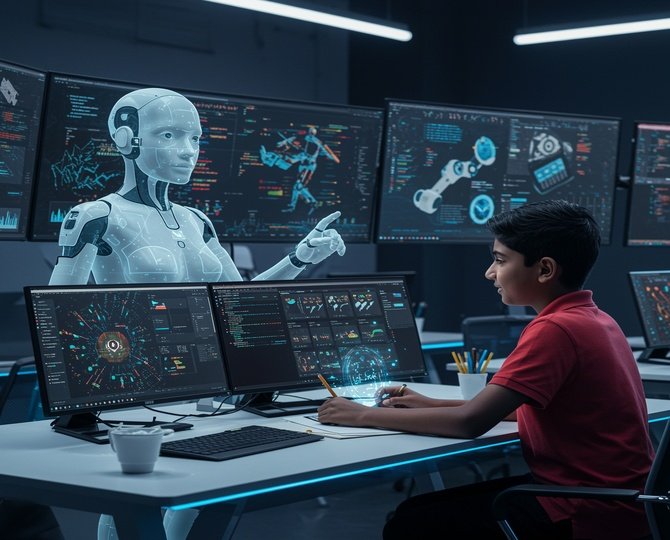 A,futuristic,classroom,where,a,young,indian,student,is,interacting